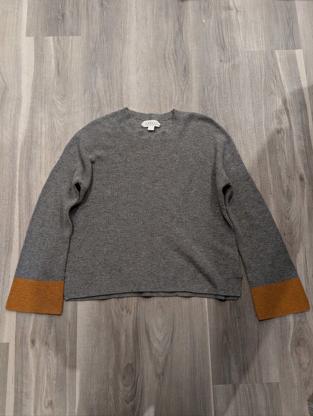 Velvet | Wool Cotton Colorblock Bell Sleeve Crewneck Sweater In Grey/Mustard